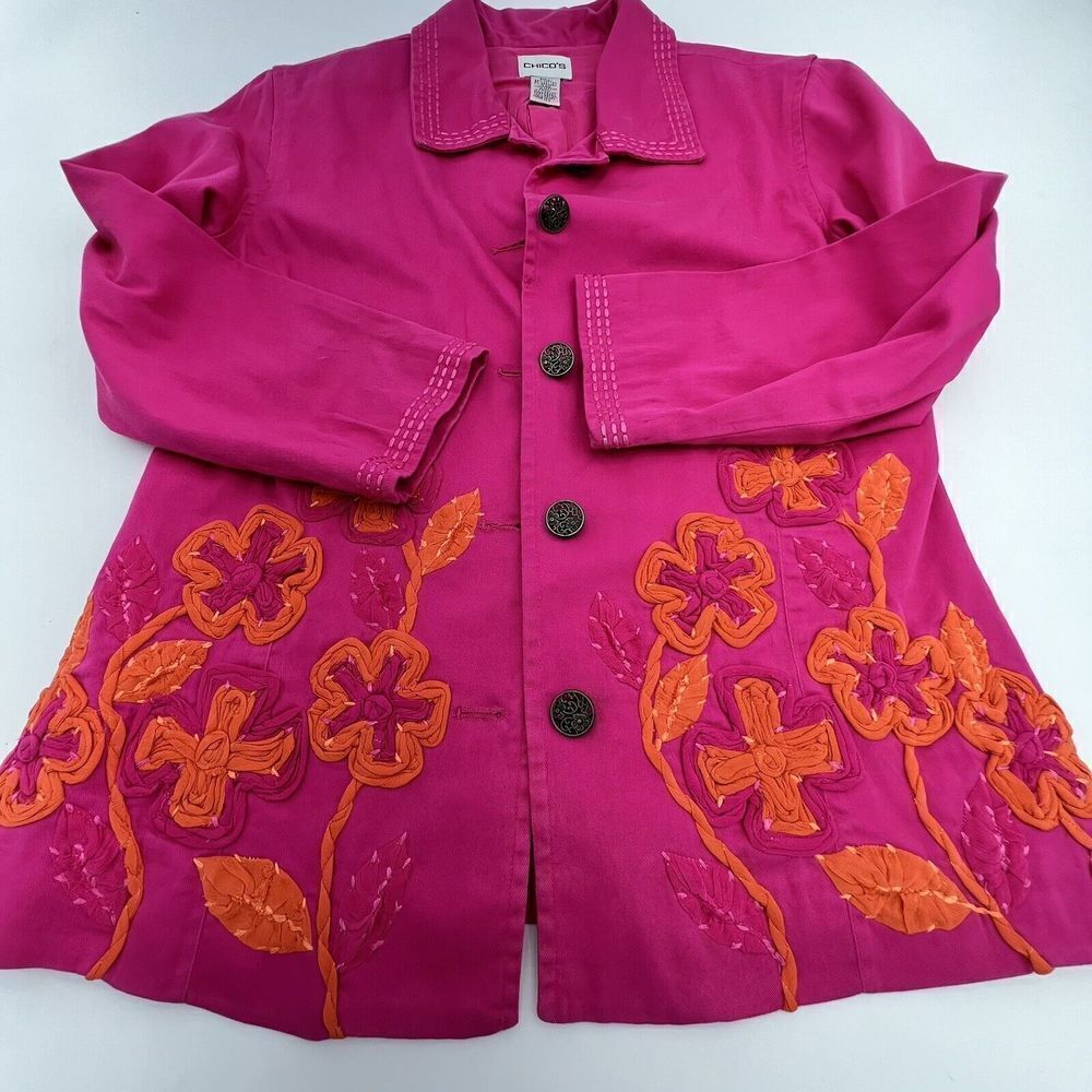 Chicos Blazer Womens Large Pink Orange Floral 3/4 Sleeve Embroidered Sz 0/S